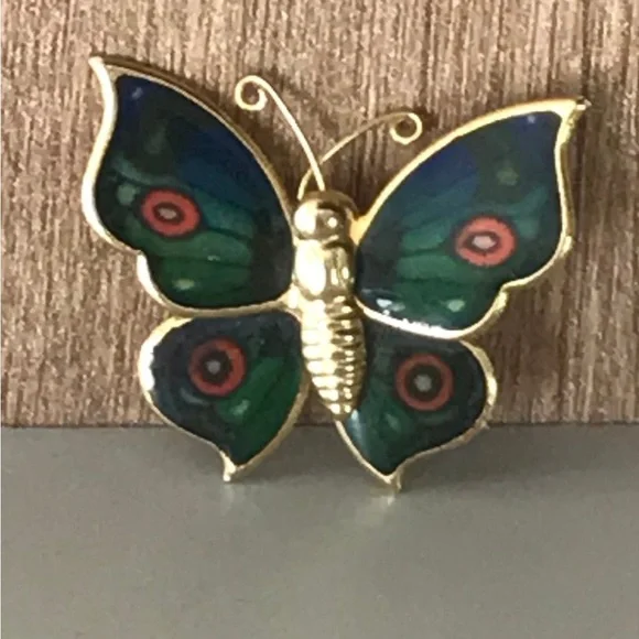 Vintage Gold Tone Green Enamel Butterfly Brooch Pin 80’s - Picture 2 of 2